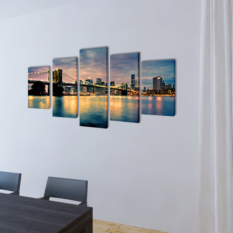 Brooklyn Bridge Sea View - 5 Piece No Frame Print on Canvas, 100cm H x 200cm W x 1.8cm D