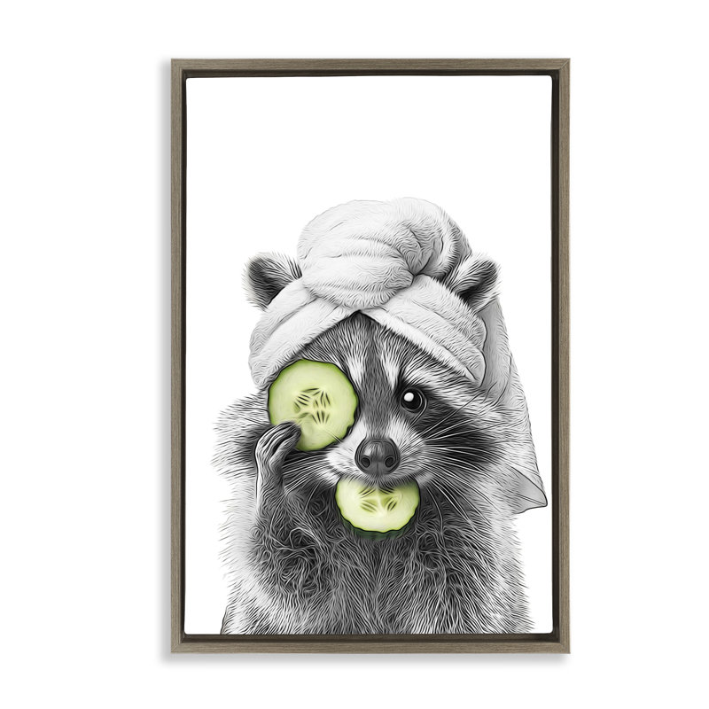 «Raccoon Spa Day», toile flottante encadrée noire par Annalisa Latella, Brun, H 25 po x l 17 po