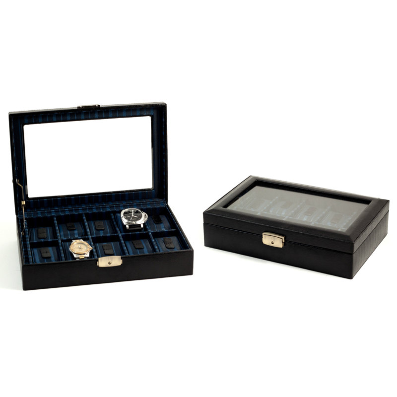 Black Leather Rectangular Locking Watch Case with Glass Top