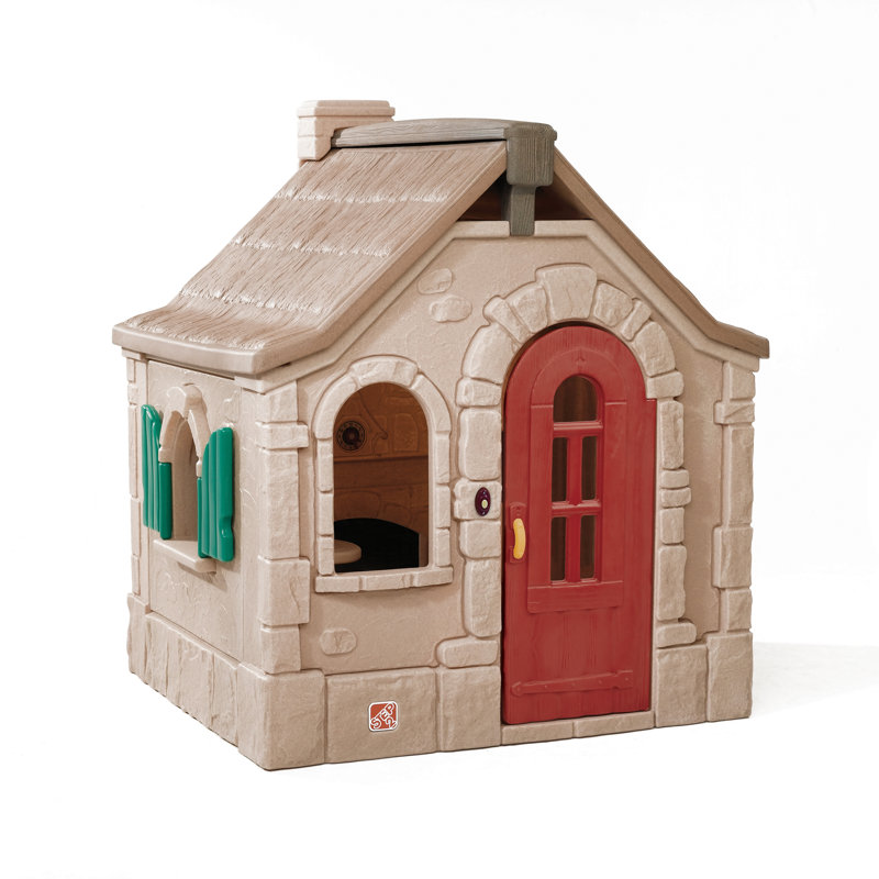 Naturally Playful Brown Plastic Cottage Playhouse with Red Door