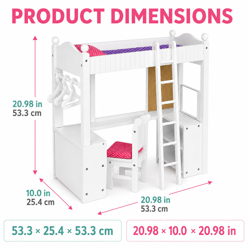 Olivia's Little World Olivia Little Princess 45.7cm Doll Loft Bunk Bed and Desk Set with Chair, Ladder, Hangers, Bedding and Message Board