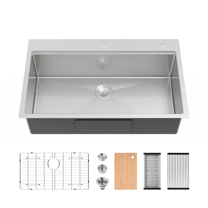 Évier de cuisine encastré 33 po en acier inoxydable avec robinet coulissant et distributeur de savon - Évier de cuisine simple en acier inoxydable de calibre 16