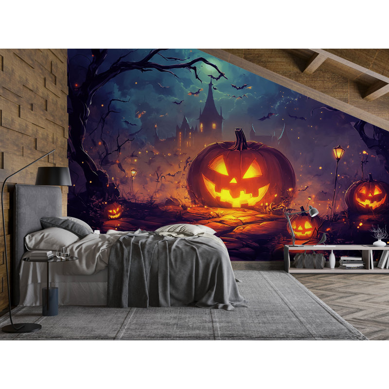 Papier peint mural citrouille d'Halloween - scène de nuit Spooky Jack O’Lantern, L 145 po x l 100 po, Premium Non-Woven