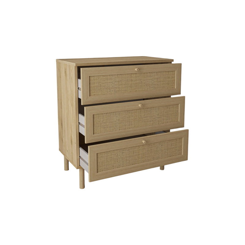 Commode 3 tiroirs en rotin tissé avec pieds en bois tourné, chêne naturel