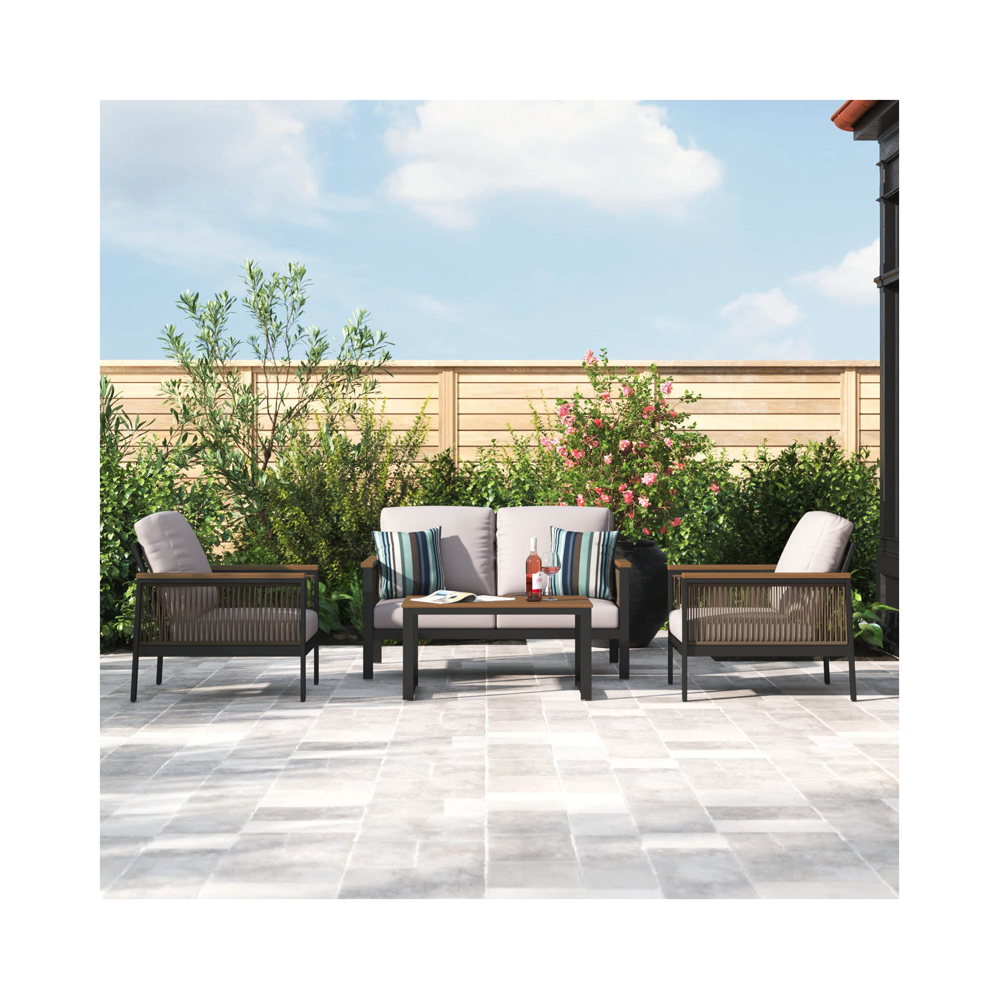 Townsend 4 - Person Outdoor Seating Group with Sunbrella® Cushions, Canvas White/Rope Brown