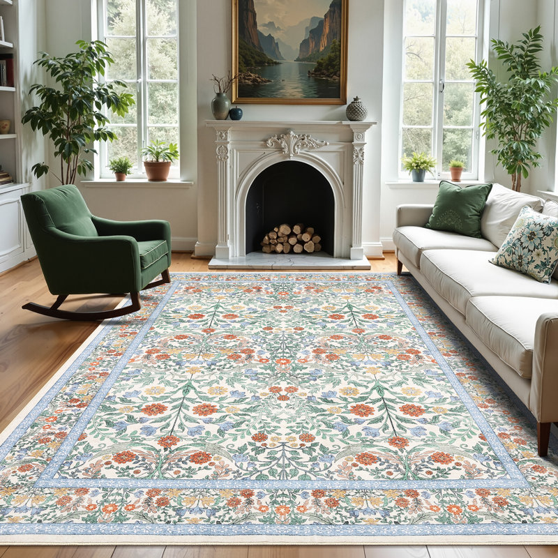 Floral Washable Area Rug Vintage Large Rugs for Living Room Soft Non-Slip Carpet Indoor Floor Stain Resistant Carpets for Bedroom Dining Room Farmhouse Nursery Home Office