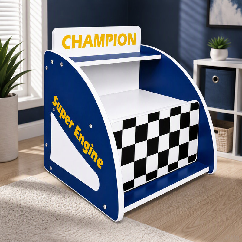 Table de chevet Kids Racing Car avec tablette de rangement ouverte, 1 tiroir, bande de protection arrondie, Bleu