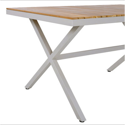 Table de salle à manger en teck avec structure en acier beige, table de patio rectangulaire de 55,12 po avec pieds en forme de X, résistante aux intempéries pour la cour, le jardin, la terrasse et la piscine