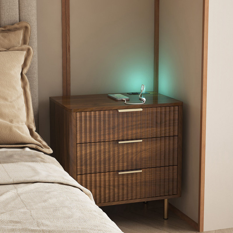Table de chevet avec station de charge, table de chevet intelligente avec veilleuse, table de chevet moderne avec armoire de rangement pour chambre à coucher, bois