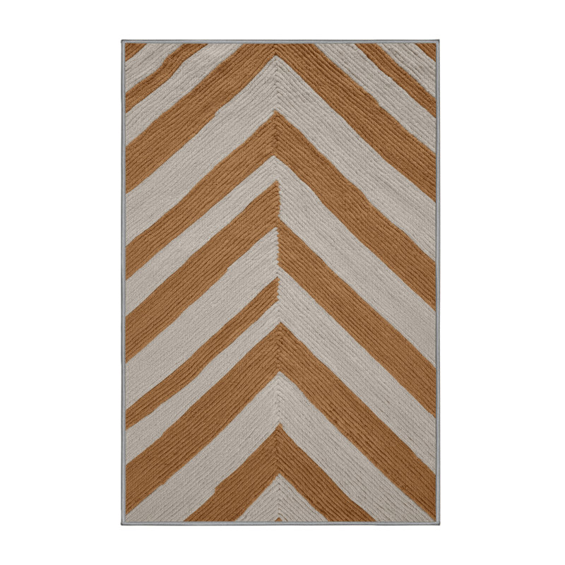 Washable Caramel Light Gray Striped Area Rug, Rectangle 6' x 9'