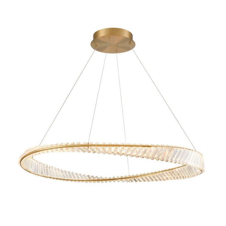 Aged brass finish LED pendant featuring twisted metalwork adorned with rectangular crystals
