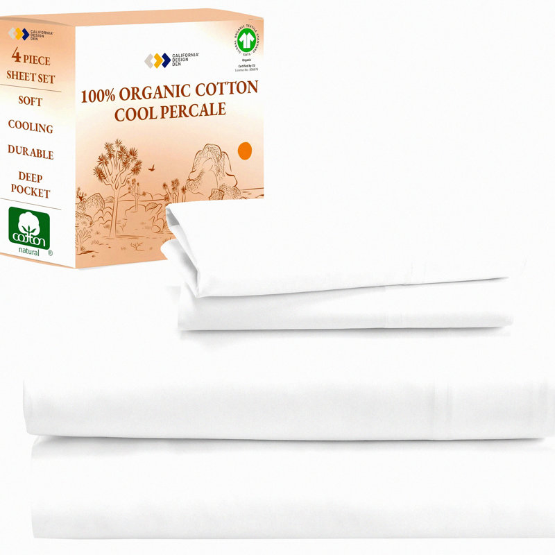 CoolCotton Percale Queen Sheet Set - Soft Cooling 100% Cotton Sheets with Deep Pockets - GOTS Certified - White - 4 Piece Bedding Set