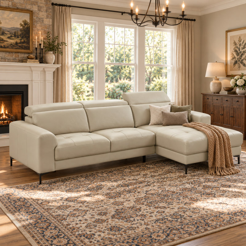 Ladonnia Gray Genuine Leather Sectional, L-Shaped Sofa with Adjustable Headrests,Leather Sofa with Right Hand Facing Chaise - Modern Classic Style