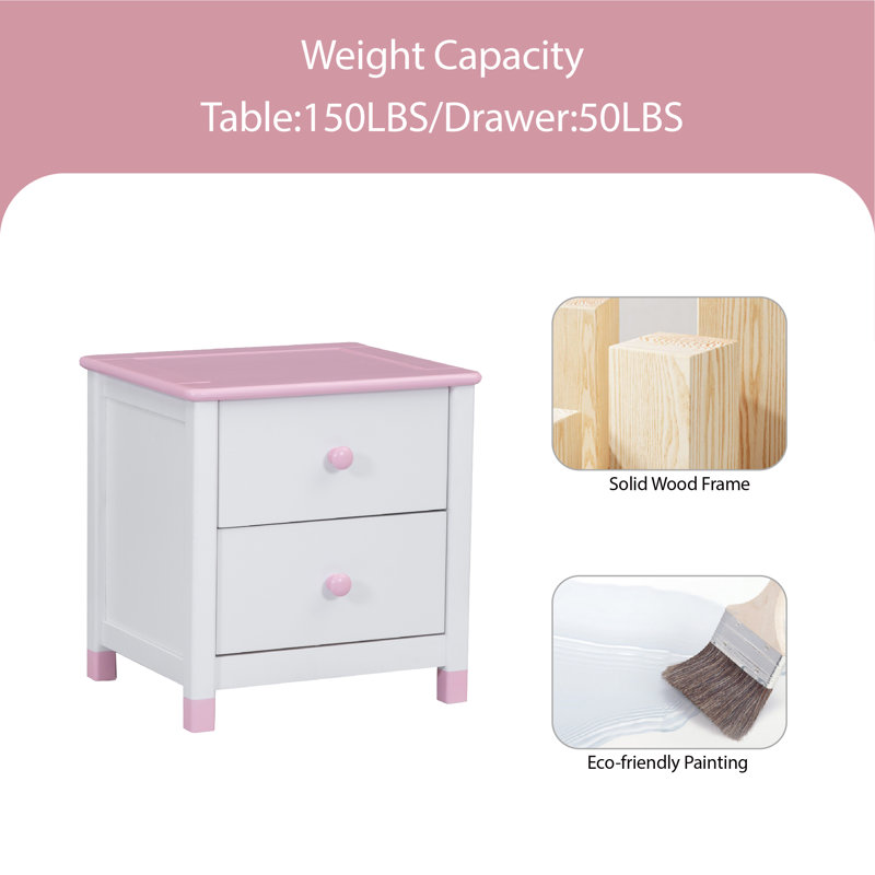 Table de chevet en bois massif et en bois manufacturé, Blanc + rose