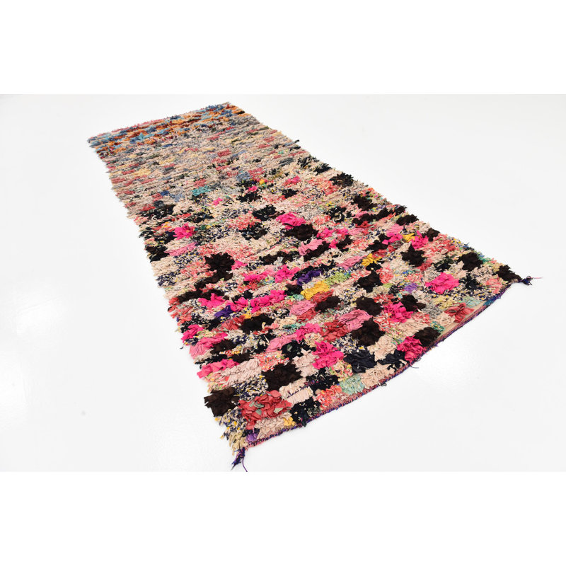 Tapis de zone en laine beige/rose/noir 4 pi 5 po x 9 pi one-of-kind à la main noué la Sheringham