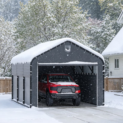 10 pi. L 16 pi. D Abri de voiture en métal robuste avec toit galvanisé et murs en tissu, lumière solaire, auvent extérieur résistant aux intempéries avec abri à neige 35PSF / vent de 100 mph