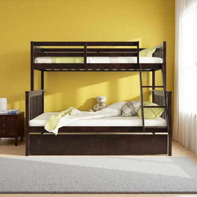 Lit simple superposé en bois d'hévéa simple avec lit gigogne, échelle convertible et garde-corps, amovible