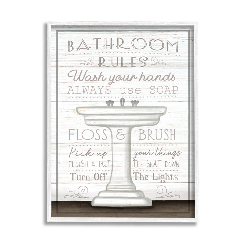 «Rustic Bathroom Rules Sink» par Elizabeth Tyndall, Giclée encadrée blanc bord de mer, H 30 po x l 24 po x P 1,5 po