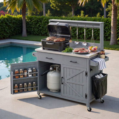Outdoor Kitchen Island With High Shelf, Stainless Steel Top,storage Cabinets, Storage Cabinet, Spice Racks, Towel Rack And Internal Storage Racks