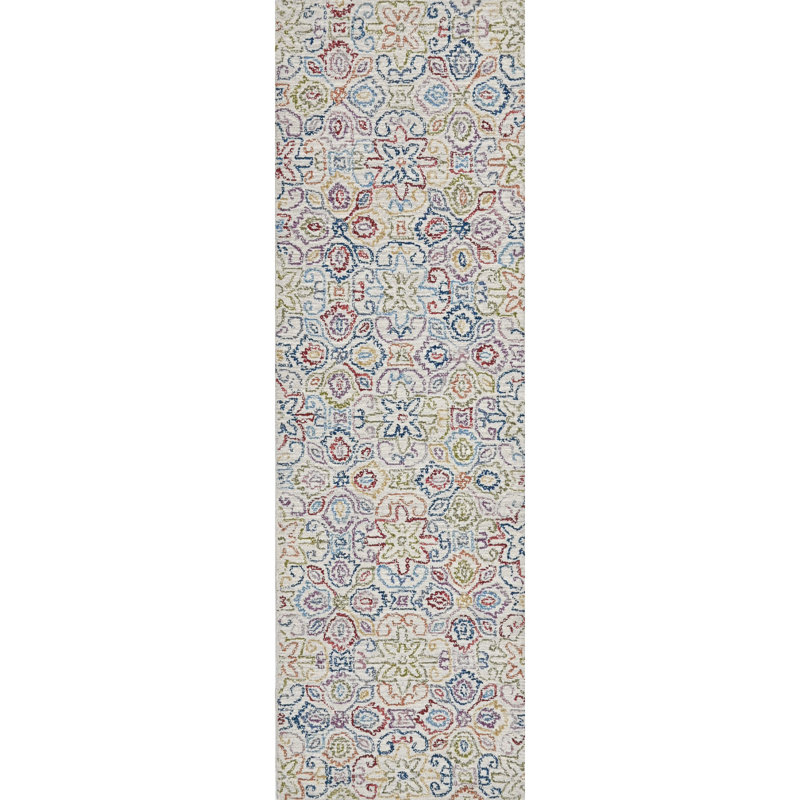 Cross Stitch Floral Hand Tufted Wool Area Rug in Cream/Blue/Red, Runner 2'6" x 8'