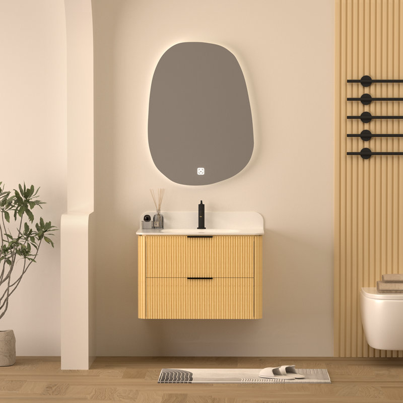 Meuble-lavabo mural en bois massif de 30 po avec lavabo et dosseret en acrylique simple, Chêne naturel / noir mat