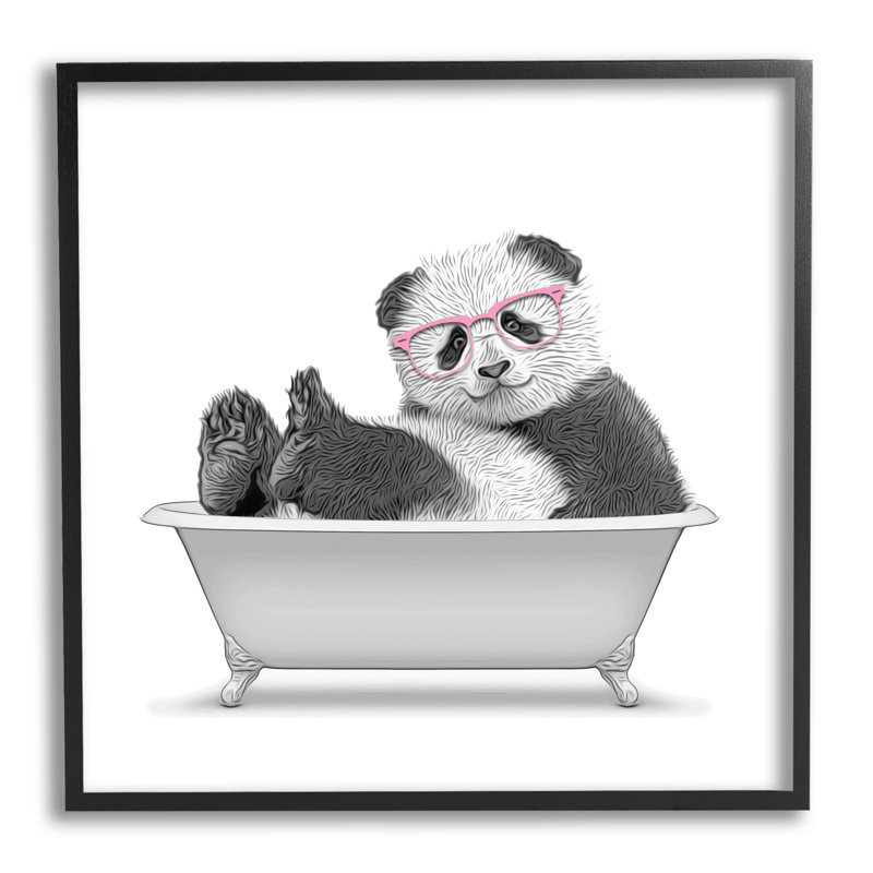 «Quirky Panda Bathaign Rose» par Annalisa Latella - impression, H 17 po x l 17 po x P 1,5 po, Giclée encadrée noir minuit