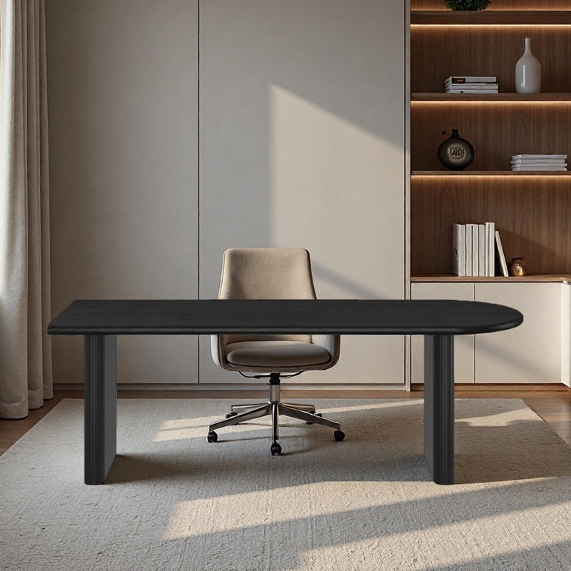 Bureau noir, bureau semi-circulaire et table d'étude, H 29,53 po x l 70,87 po x P 31,5 po