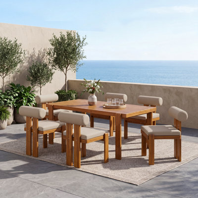 Torell Patio 7-Piece Acacia Wood Dining Set With Round Back Cushion & Slatted Tabletop