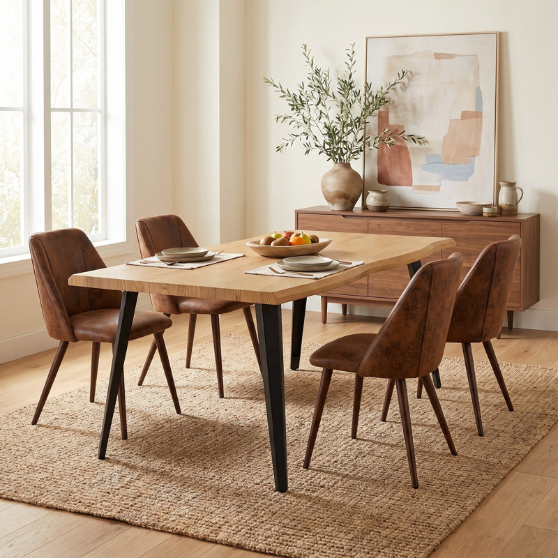 Ensemble de 4 chaises de salle à manger rembourrées avec dossier incurvé et pieds en métal d'aspect bois, Brun
