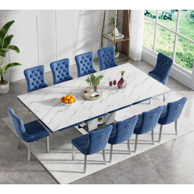 Faux Marble Dining Table Set, 62.99"-94.5" Extendable Dining Table & Blue Tufted Velvet Chairs, Modern Mirrored Kitchen Dining Room Table and Chairs Set