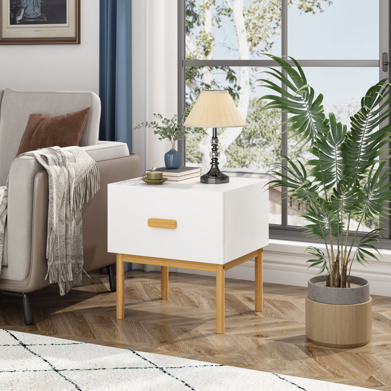 Table de chevet blanche moderne avec tiroir et pieds en bois, table de chevet minimaliste avec poignée pour chambre à coucher, salon, appartement