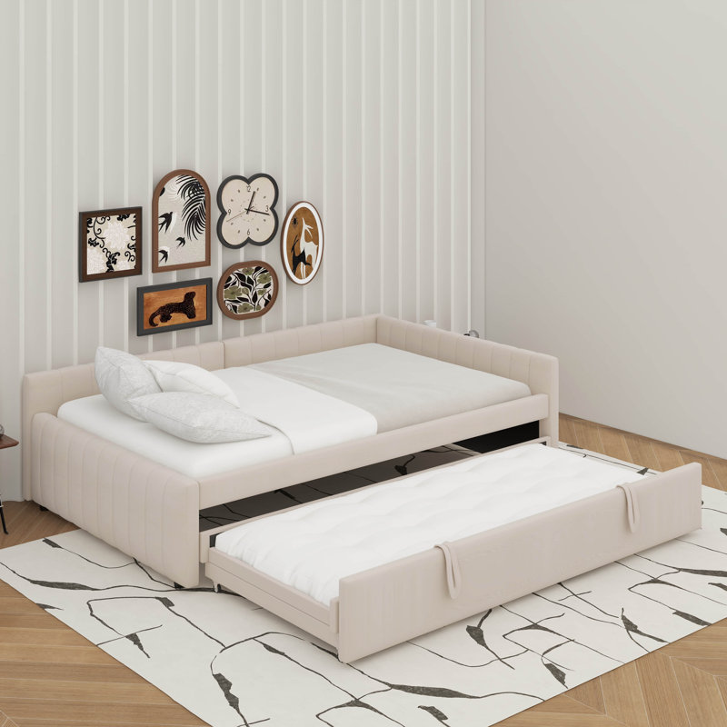 Lit de jour double rembourré en L avec lit gigogne escamotable double, Beige