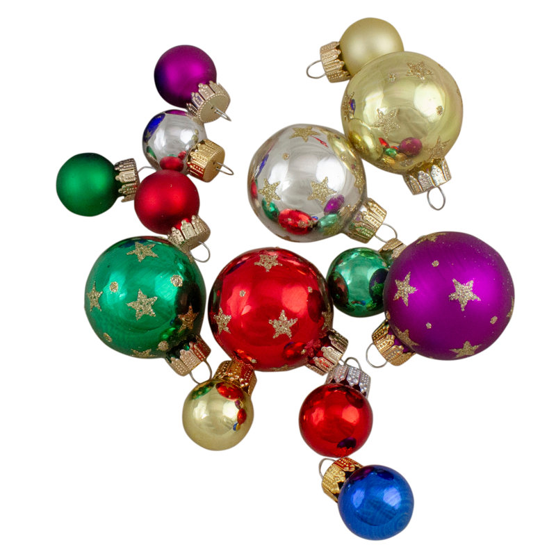 16 pièces de boules de Noël en verre assorties avec sommet d'arbre - rouge, Rouge / bleu / argent / or / vert / mauve