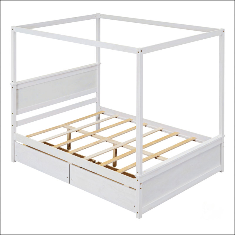 Wood Canopy Bed with two Drawers, White