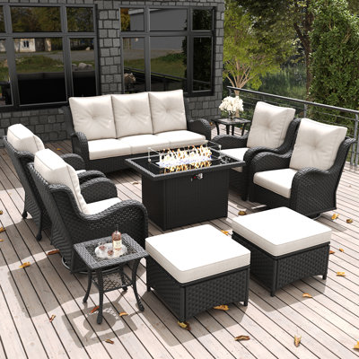 LayinSun 10 Pieces Outdoor Patio Furniture Set With 44'' Propane Fire Pit Table