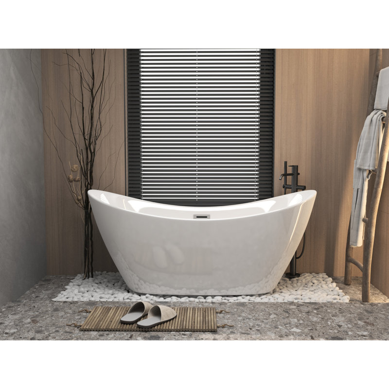 Baignoire de trempage autoportante en acrylique blanc lustré de 67 pouces, de forme ovale, de trop-plein et de bonde escamotable, intérieur spacieux, près du plafond, convenant à différents styles de baignoire, autoportante, ovale, centrale
