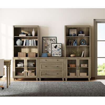 Scarlett 72.1"H X 67.7"W Bookcase With Drawers And Glass Cabinets, Tall Book Case With Open Book Shelfs, Large Wood Bookcases Farmhouse Bookshelves For Living Room Bedroom Home Office Kitchen, 72'