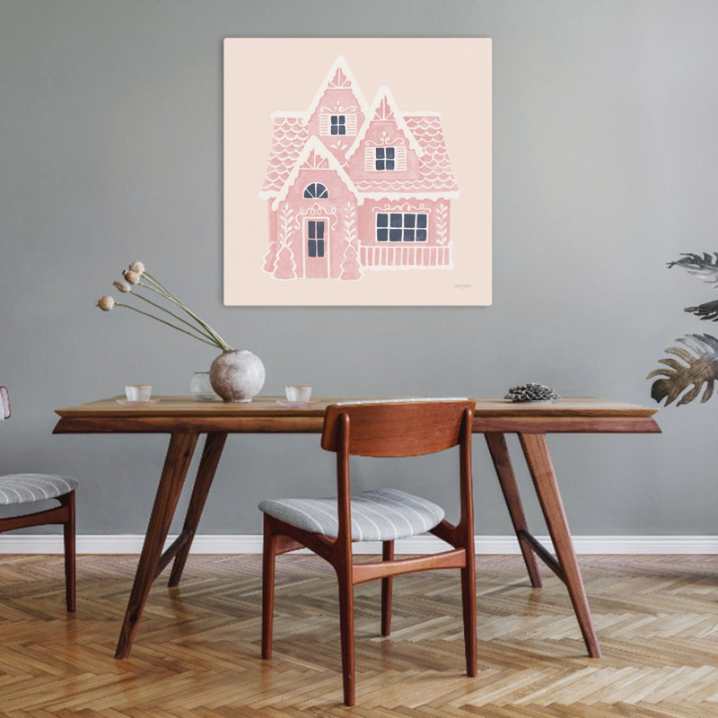 «Gingerbread Dream House Ii», art contemporain carré rose, H 32 po x l 32 po