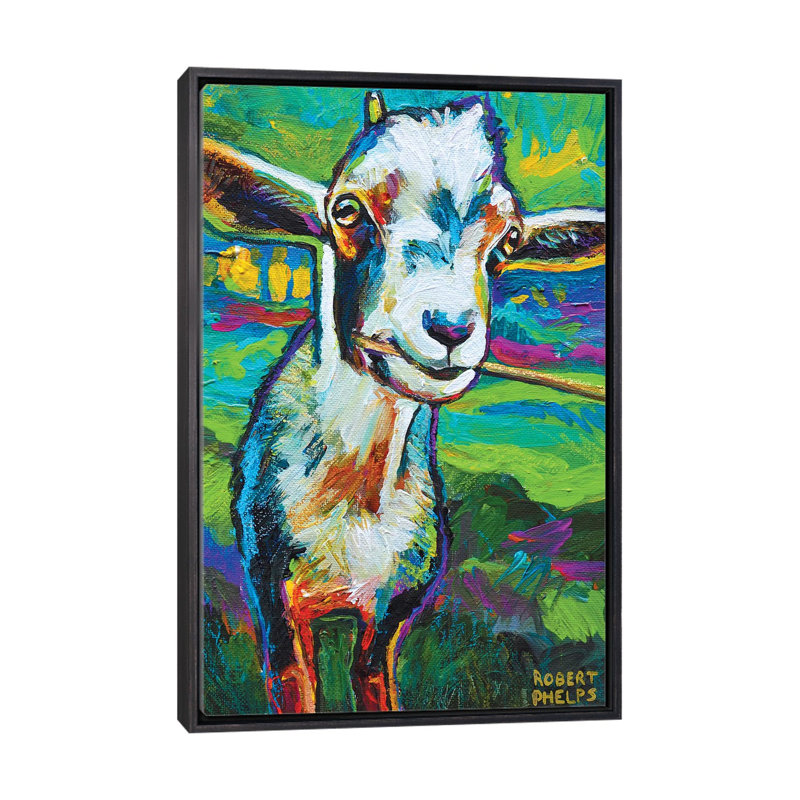 «Theo the Goat» par Robert Phelps - reproduction d'art, H 26 po x l 18 po x 1,5 po, Cadre flottant noir patiné