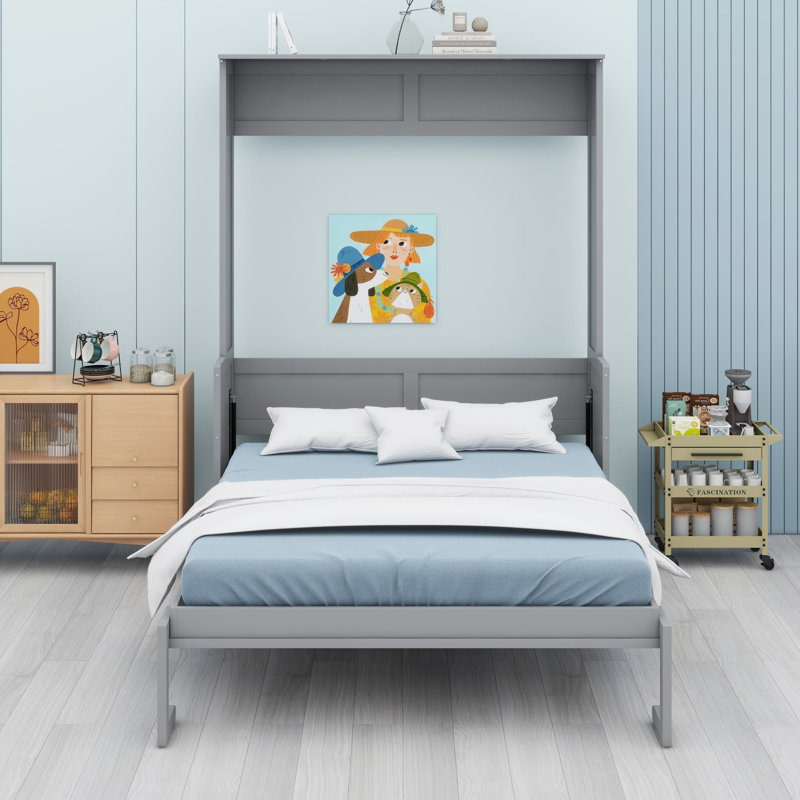 Lit escamotable avec bureau, lumières DEL et station de charge USB, Gris