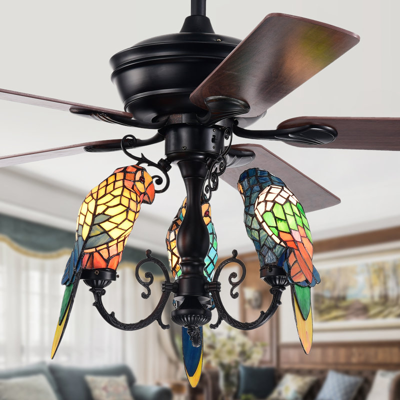Lighted Ceiling Fan with Tiffany-style Parrot Shades