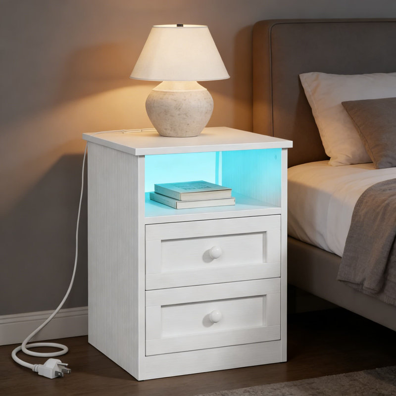 Table de chevet moderne à DEL avec station de charge et 2 tiroirs - Table de chevet en bois blanc avec lumières intégrées, ports USB et rangement pour la chambre à coucher