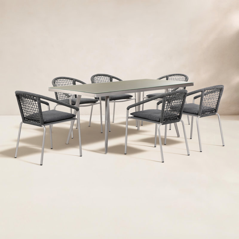 Sheaffer 7-Piece Outdoor Patio Dining Set for 6 with Rectangular Glass Top Table & Cushioned Rope Chairs