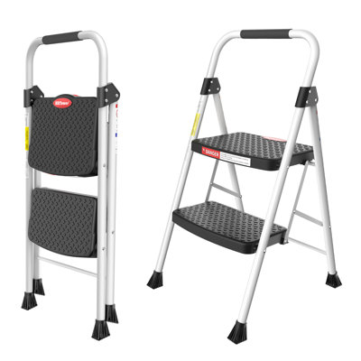 Escabeau-échelle portable à 2 marches – Structure robuste en acier, pédale antidérapante et poignée large, capacité de charge de 150 kg, conception pliable et légère, blanc
