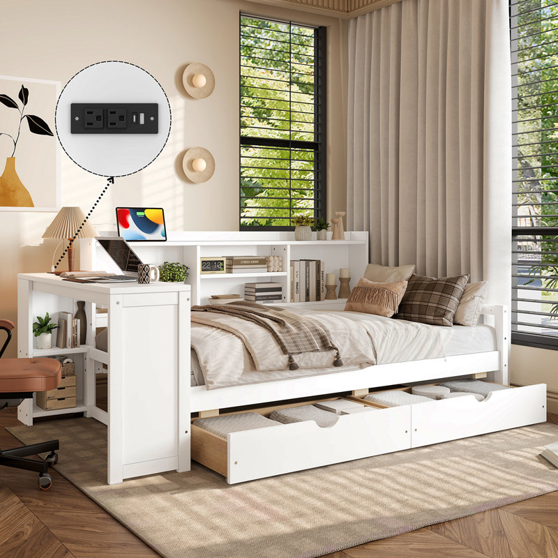 Lit de jour simple d'angle avec tiroirs de rangement et bureau et port de charge et bibliothèque de couleur blanche