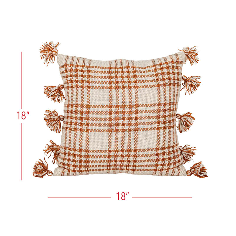 18x18 Inch Rust Plaid Outdoor Throw Pillow with Tassels