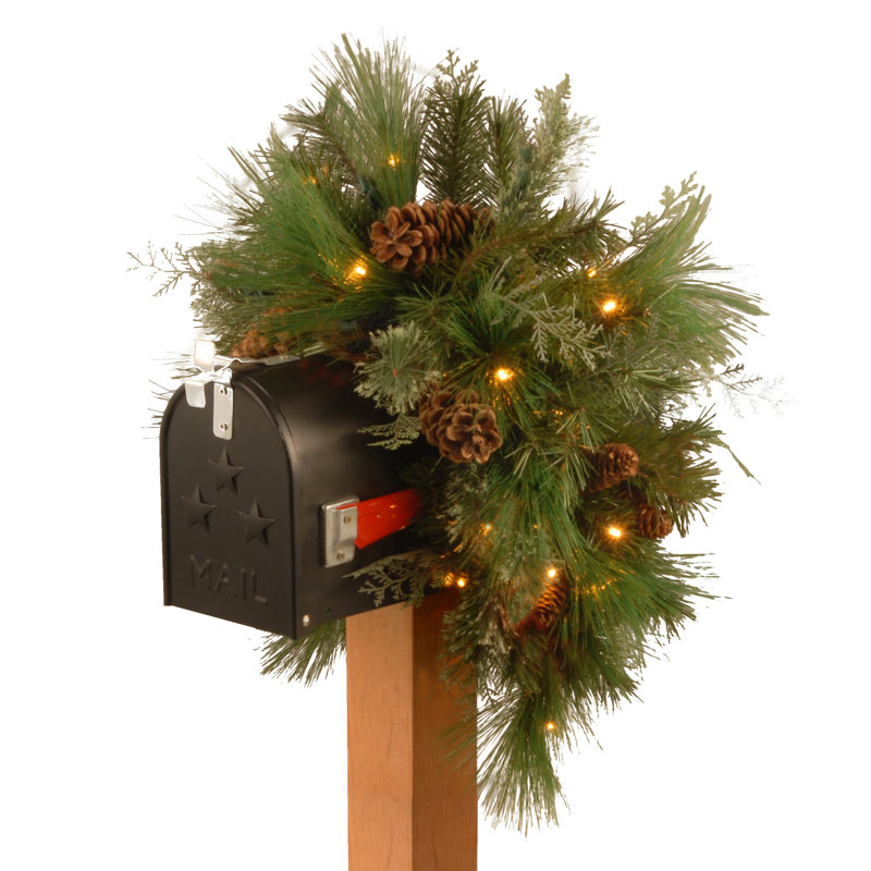 Decorative Collection 36 in. White Pine Mailbox Swag with Battery Operated Warm White LED Lights