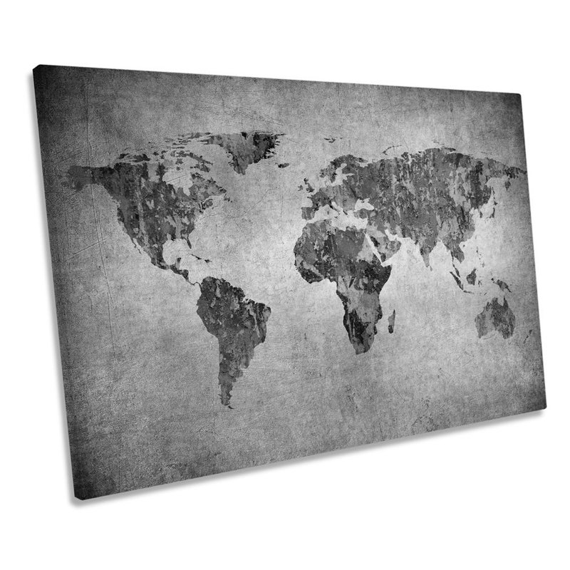 Map Of The World Grunge B&W - Wrapped Canvas Print, 30.5cm H x 45.7cm W x 2cm D