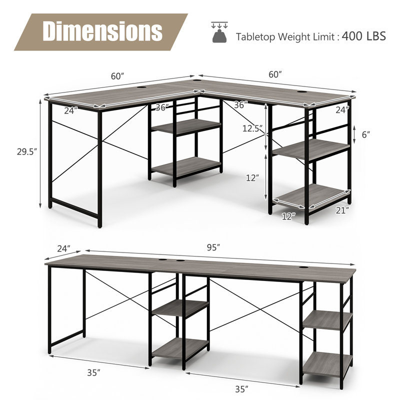 Assetou L-Shaped Metal Base Computer Desk, Grey/Black