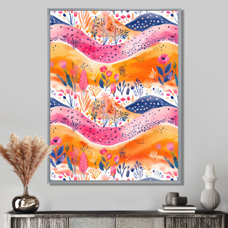 Rose, orange, abstrait, paysage boho II, Encadrement argenté, H 16 po x l 32 po
